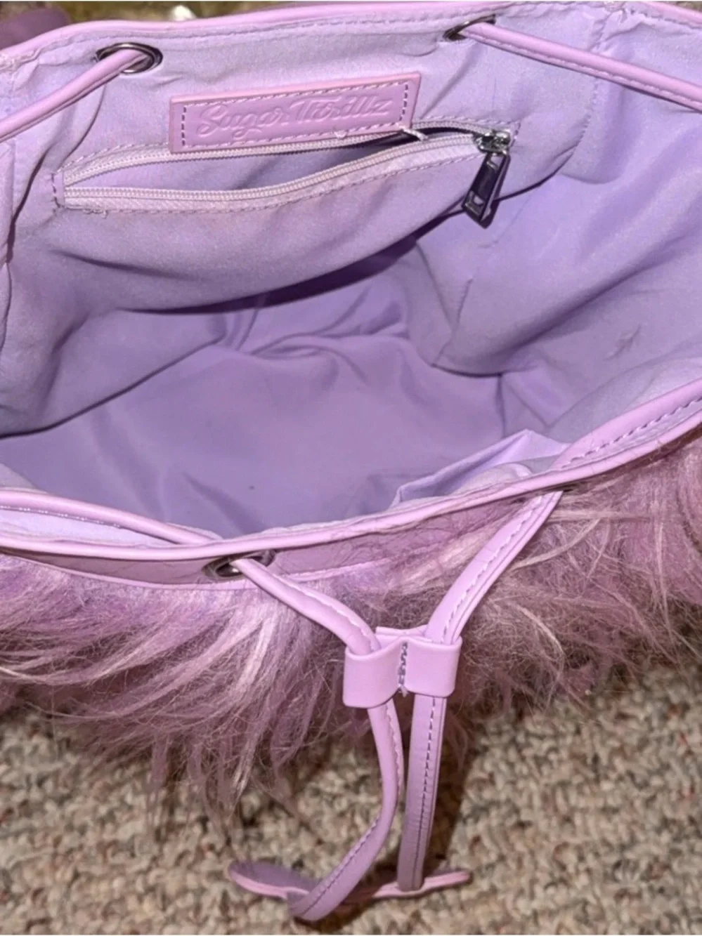 Sugar Thrillz Lavender Heart Faux-Fur Backpack